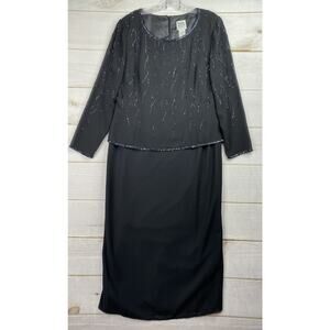 R&M Richards Dress Sz 14 Black Midi Beaded Zip Down Long Sleeve Layered Look